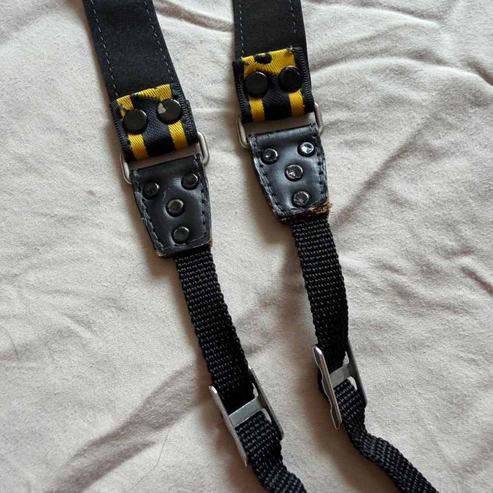 Vintage Nikon Camera Neck Strap Yellow Black Woven Logo Japan Metal Buckles
